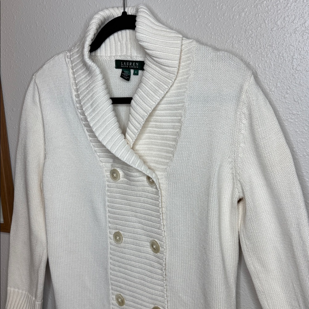 Lauren Ralph Lauren Ivory Cream Double-Breasted Cardigan Sweater 100% Cotton - M - Picture 6 of 16